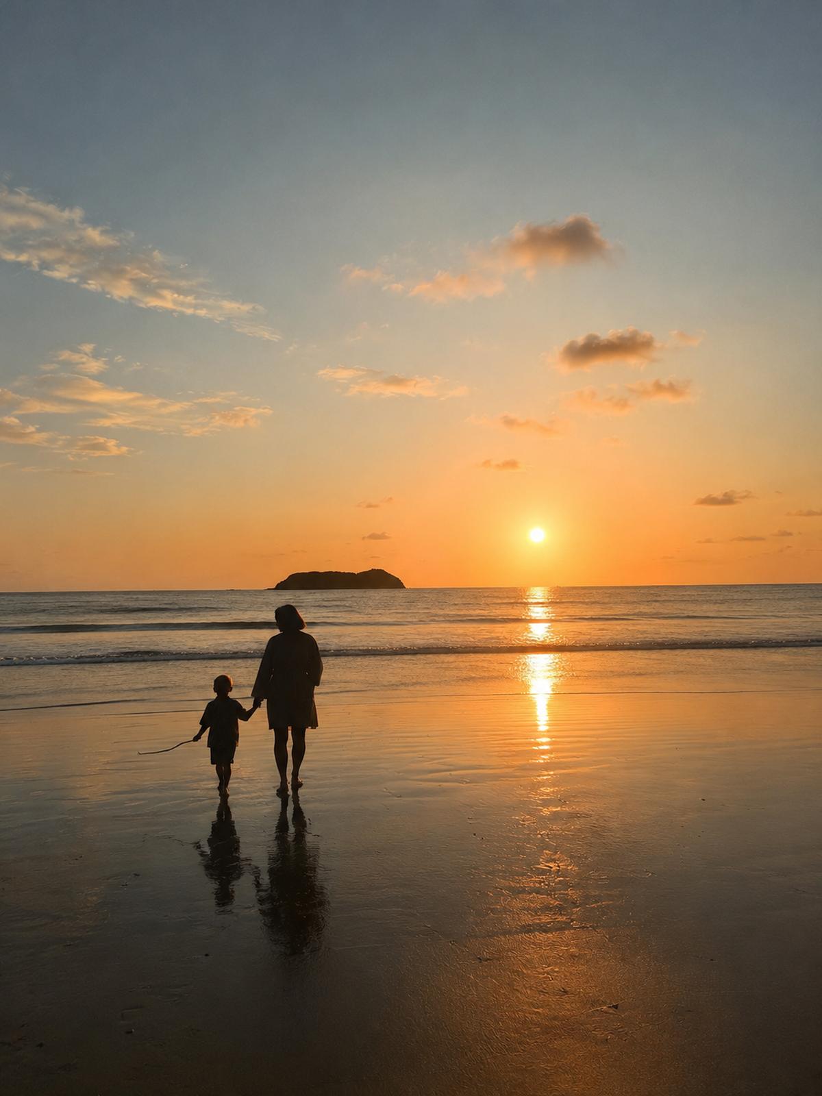 Mor og barn går på stranden i solnedgang